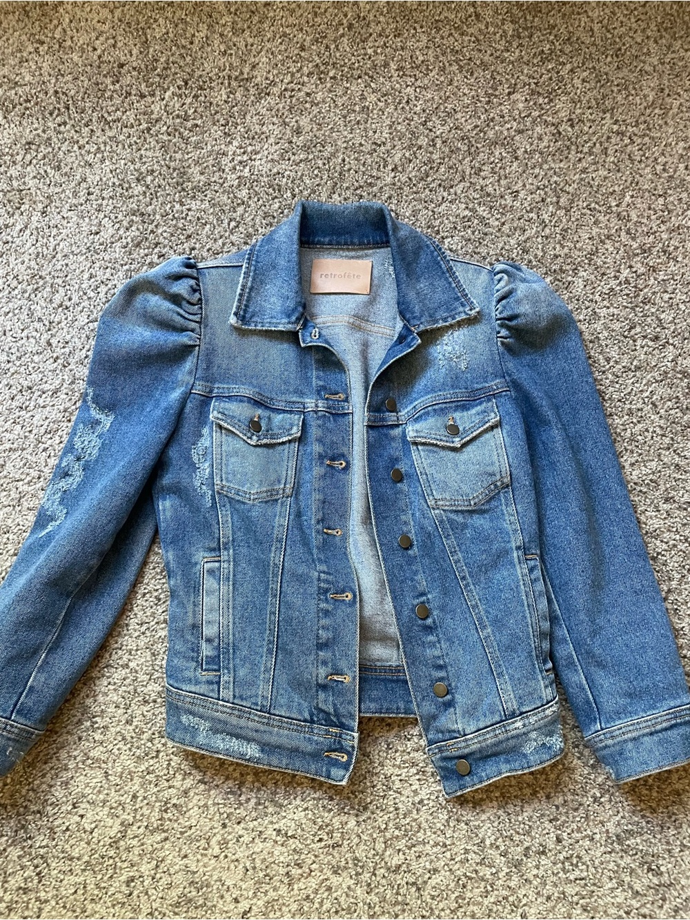 Retrofete Ada Distressed Puff-Sleeve Denim Jacket